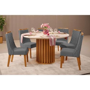 Imagem de Conjunto: Mesa Sala Jantar Viena c/ Tampo Madeirado c/ Vidro 136x136cm e 6 Cadeiras Bia Freijo/Off White - Suede Lunar DJ Móveis