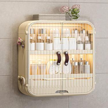 Imagem de Armário de banheiro amarelo de 3 camadas montado na parede, armário de remédios de porta de vidro, organizador de armazenamento suspenso para banheiros, armário de parede elegante para fácil acesso e