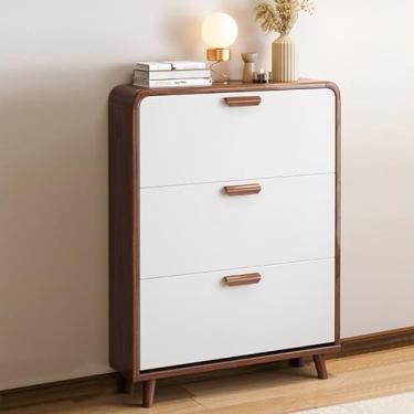 Imagem de Armário de sapatos de madeira maciça branca com gaveta, 3 prateleiras removíveis, design moderno para sala de estar, corredor, entrada - 80 x 24 x 119 cm