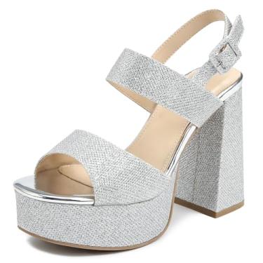 Imagem de risdoada Salto plataforma feminino 11 cm, salto alto grosso, tira no tornozelo, bico quadrado, sandálias de salto alto para festa de casamento, Prata, 39