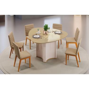 Imagem de Conjunto: Mesa Sala Jantar Chanel c/ Tampo Madeirado c/ Vidro Orgânico 136x136cm e 6 Cadeiras Sofia Off White/Dourado - Ipe/Linho Bege - DJ Móveis