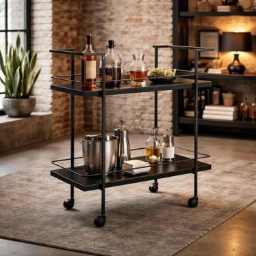 Imagem de Bar Móvel Carrinho Organizador Rodinhas Mel Preto Industrial - LaCasaM