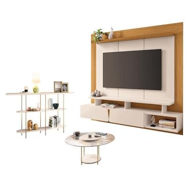 Imagem de Home Suspenso Zenith com Mesa de Centro Sky com Tampo de vidro e Aparador Infinity Off White Cinamomo - HB Móveis