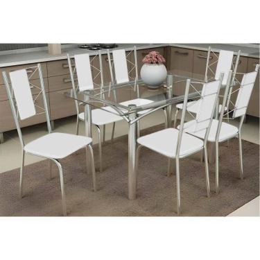 Imagem de Conjunto de Jantar Elba 6 Lugares Tampo de Vidro com Cadeiras Lisboa Cromadas Courano Branco 120CM