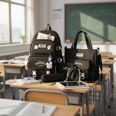 Imagem de Kit Mochila Escolar Passeio Unissex Com 5 Peças E Enfeites Preto Liso 