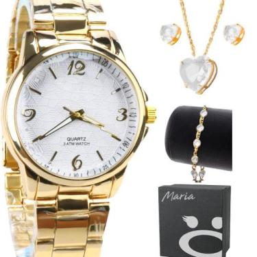 Imagem de relogio feminino dourado + colar aço strass caixa + pulseira social pr
