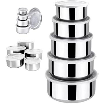 Imagem de Kit 5 Potes Tigelas Inox com Tampa Hermética Bowl Saladeira Jogo de Vasilhas Aço Inoxidável Multiuso para Cozinha Inox