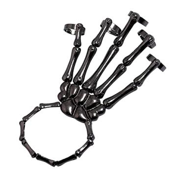 Imagem de mão esqueleto Halloween, bracelete esqueleto com anel fashion caveira metal exagerado, presentes punk festa para mulheres e homens