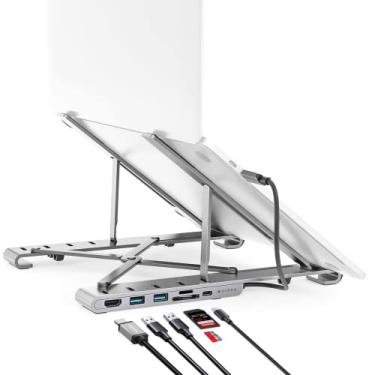 Imagem de Hyper Suporte para laptop ajustável Drive USB C Hub 7 em 1: HDMI 4K30Hz, USB-C 100W Power Delivery, USB-C 5Gbps, MicroSD/SD, 2x USB-A 5Gbps, compatível com Chromebook, Windows PC MacBook iPad Pro 10-17 polegadas