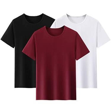 Imagem de 3 peças modal gola redonda manga curta camiseta para homens e mulheres verão fresco cor sólida modal camiseta.., Preto, branco, azul escuro, G