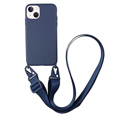 Imagem de CQUUKOI Compatível com iPhone 14, capa de telefone transversal com cordão, linda capa de silicone macio com alça de ombro ajustável, protetor à prova de choque compatível com mulheres meninas azul