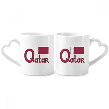 Imagem de Conjunto de canecas de porcelana para casais, bandeira nacional do Qatar com padrão roxo e coração