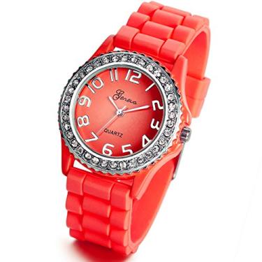 Imagem de Relógio de pulso feminino de cerâmica com pulseira de rosto pequeno com janela de data de cristal brilhante, Vermelho