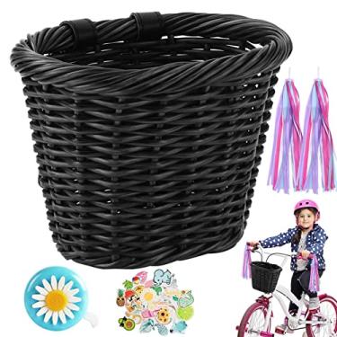 Imagem de Cesta De Vime Para Bicicleta - Cesta frontal de bicicleta à prova d'água - Decoração de cesta de bicicleta infantil, cesta de guidão de bicicleta de menino com flâmulas adesivos de sino para Purble