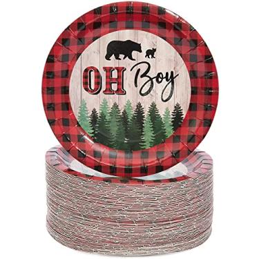 Imagem de Pratos de papel para festa de chá de bebê Oh Boy Lumberjack Buffalo xadrez 18 cm para bolo de sobremesa (pacote com 80)