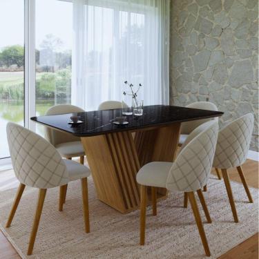 Imagem de Conjunto Mesa 160x90cm Tampo Marmorizado com Vidro e 6 Cadeiras Ibiza Ediane Yescasa Preto Marmorizado/Bege