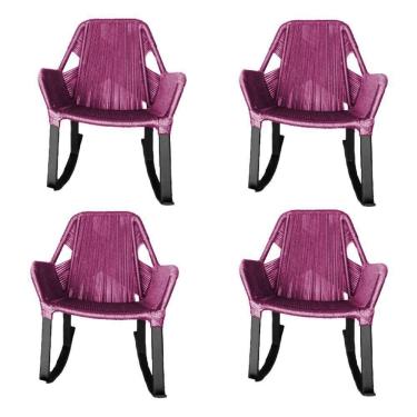 Imagem de Kit 4 Cadeiras De Balanço Athenas Corda Náutica Base Em Alumínio Preto-rosa - Cor: Rosa