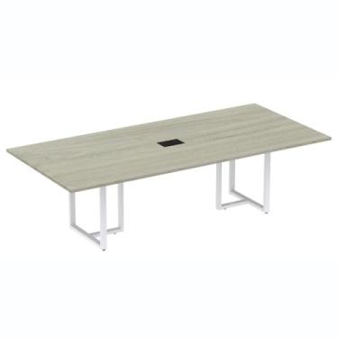 Imagem de Mesa de Reunião com Caixa de Tomada 200x90 cm Pé Tubular Pe25 em Mdp Nogueira Casablanca Base Branca