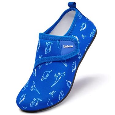 Imagem de Limberun Sapatos aquáticos para meninos e meninas, sapatos esportivos aquáticos, secagem rápida, descalço, leve, piscina, praia, meias antiderrapantes para sapatos infantis, Dinossauro - azul, 4-4.5 Big Kid