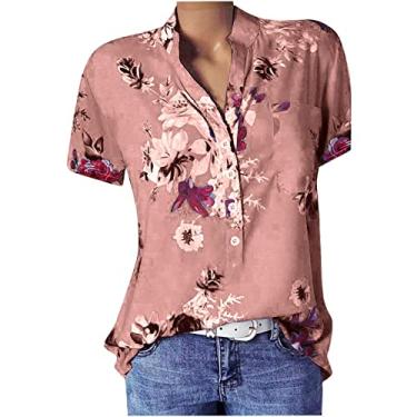 Imagem de Camiseta feminina verão manga curta botão gola V túnica blusa solta estampada camiseta gráfica com bolso Camiseta havaiano Pescoço Casual 2023 baixa curto Top flor floral K63-Rosa XX-Large