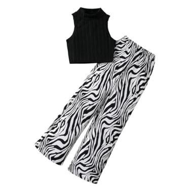 Imagem de Floerns Conjunto feminino de 2 peças de malha canelada com calça listrada de zebra, Preto, 10Y