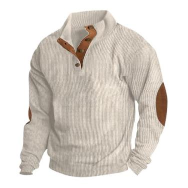 Imagem de Pulôver masculino de veludo cotelê com cotovelo remendado, camisa Henley com botão de manga comprida, gola simulada vintage, top externo (Color : Apricot, 32-33, 3435, 36-37, 38-39, 40-41, 42-4