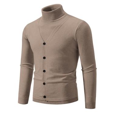 Imagem de Suéter masculino de gola rolê de cor sólida P suéter de gola alta falso de duas peças, Marrom-claro, G