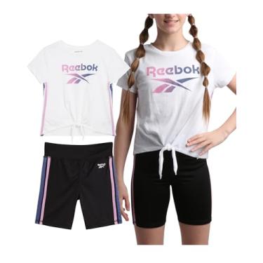 Imagem de Reebok Conjunto de shorts ativos para meninas - 2 peças, camiseta de desempenho seco e shorts de bicicleta - roupa esportiva de verão para meninas (7-12), Branco/preto, 12