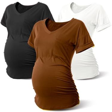 Imagem de Rnxrbb Camisetas de maternidade Long Enough manga curta verão gravidez tops e camisetas roupas casuais gola V para mulheres pacote com 3, Preto, café, marrom e branco, M