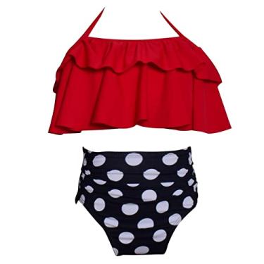 Imagem de Conjunto de biquíni infantil para meninas, biquíni com babados, babados, parte de baixo de cintura alta, roupa de banho de duas peças 2-12 anos, Vermelho, 2-3 Anos