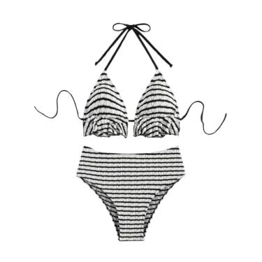 Imagem de SweatyRocks Biquíni feminino de cintura alta, listrado, bainha com babados, amarrado nas costas, conjunto de biquíni triangular, Preto e branco, M