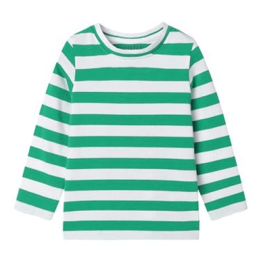 Imagem de LittleSpring Camiseta infantil unissex listrada de manga comprida sem etiqueta e gola redonda de algodão, Verde e branco, 10-12