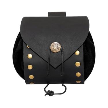 Imagem de Lord of Battles Bolsa medieval de couro legítimo, bolsa de cinto renascentista/bolsa de cintura para cinto viking, bolsa de moedas para eventos de fantasia LARP, Ren Faire, Halloween, Preto, 15X13cm