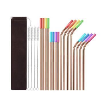 Imagem de Baoblaze 16 peças de palha de metal, canudos bebendo de aço inoxidável, canudos bebendo longos e reutilizáveis para copos, coquetéis, milkshake, Rosa ouro