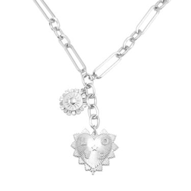 Imagem de ORIGENCE Colar feminino de coração de sol com pingente de coração de ouro 18K, colar gargantilha grosso, colar com pingente hip hop, colar neutro unissex, Latão, Zircônia cúbica