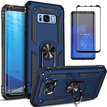 Imagem de STARSHOP Capa para Samsung Galaxy S8 Plus, com protetor de tela de vidro temperado incluído, capa protetora de camada dupla à prova de choque de grau militar com suporte de anel de metal - Azul
