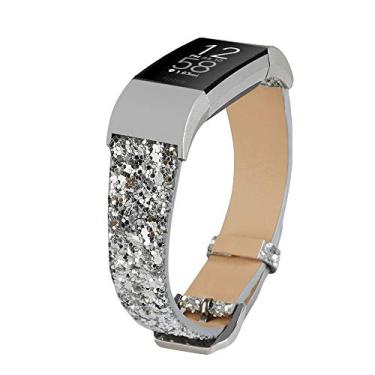 Imagem de Pulseiras Bling Bands compatíveis com Fitbit Charge 2, Pulseiras de reposição de couro brilhante com glitter para pulseiras Fitbit Charge 2, Prata