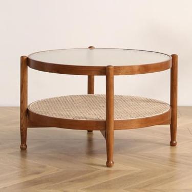 Imagem de Mesa de centro redonda com prateleira de armazenamento de vime, tampo de vidro boho de meados do século 2 camadas, mesa de chá moderna, mesa de coquetel, mesa de sofá para sala de estar e quarto