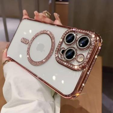 Imagem de TETAW Linda capa com glitter magnético para iPhone 16 Pro Max, luxuosa capa amortecedora banhada a diamante com strass brilhante, compatível com MagSafe, capa transparente com proteção de lente de