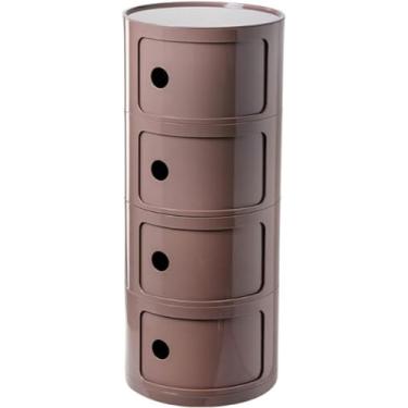 Imagem de Mesa de cabeceira redonda de plástico de 2/3/4 níveis de armazenamento com gavetas e porta deslizante, armário de cabeceira moderno nórdico para quarto, café, 32 x 76 cm