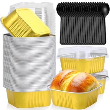 Imagem de selizo Pacote com 60 mini formas de bolo descartáveis de 142 g com tampas, copos quadrados de folha de alumínio, 3,5 x 3,5 latas de bolo pequenas, recipientes de bolo com tampas para bolos individuais