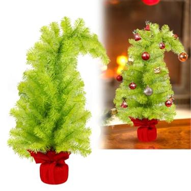 Imagem de Árvore de Natal verde limão, árvores de plástico curvadas caprichosas, mini mesa de Natal artificial, decoração de casa, bolsa de pano com base embrulhada para decoração de mesa interna