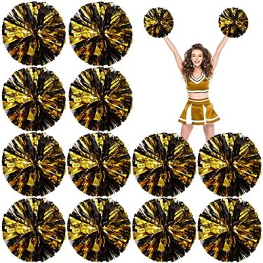 Imagem de Deekin Pacote com 12 pompons para líderes de torcida, pompons metálicos com alça morcego e pompom divertido para festa, dança de esportes, 30 cm, 50 g de peso cada (preto e dourado)