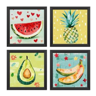Imagem de Kit 4 quadros 18x18 cm, cozinha, área gourmet, frutas vidro (Preto)