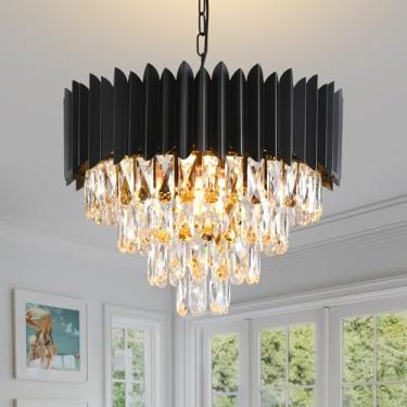 Imagem de AKDXIRUN Lustre De Cristal Moderno 7 Luzes Lustre De Cristal Preto Para Sala De Jantar, Sala De Estar, Quarto, Hall De Entrada, Corredor Luminária Pendente De Teto De Luxo 4 Camadas W20 Pol.