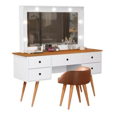 Imagem de Penteadeira Bancada Maquiagem 100% MDF com LED Estilo Camarim Banqueta Banquinho Puff Corino Pé Madeira (Branco com Nature)