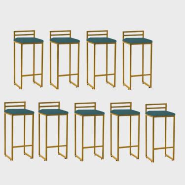 Imagem de Kit 09 Banqueta Alta Com Encosto Petra Balcão Bar Cozinha Bistrô Ferro Dourado Suede Azul Turquesa - Ahz Móveis