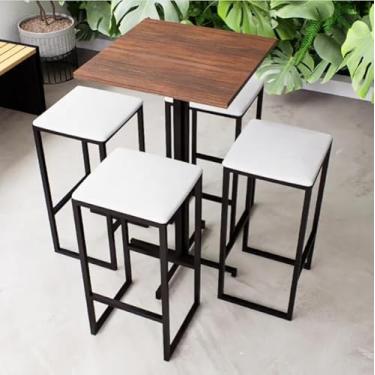 Imagem de Conjunto Mesa Alta Bar Bistrô Quadrada Imbuia 4 Bancos Estofado Industrial Black (Branco)