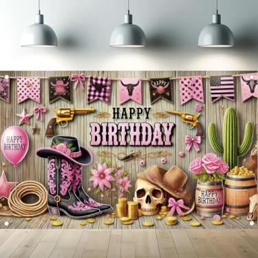Imagem de Starlit Patio Banner de feliz aniversário ocidental decorações de festa vaqueira rosa ocidental rústico madeira celeiro fotografia fundo para aniversário chá de bebê cabine fotográfica 180 x 109 cm