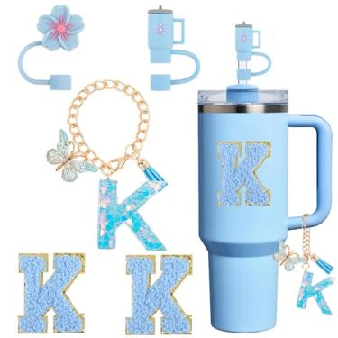 Imagem de Acessórios de copo para Stanley Cup 850.5 g 1,134.0 g, decoração de iniciais de copo para Stanley, incluindo tampa de palha de silicone, pingente de alça, adesivo, azul 5 peças (K)